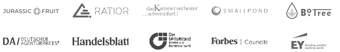 Kunden- und Presse-Logos: Jurassic Fruit, RATIOR, Kammerorchester Schweinfurt, SMALLPOND, B9Tree, DA Deutscher Agenturpreis, Handelsblatt, Der Mittelstand, Forbes Councils, EY